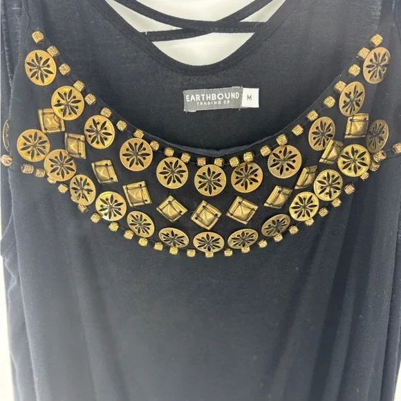 Earthbound Black Viscose Dress W/ Gold Accent Elastic Waist -Size medium - Picture 3 of 9